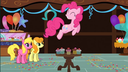 Size: 1920x1080 | Tagged: safe, screencap, carrot top, cherry berry, golden harvest, pinkie pie, a bird in the hoof, g4, balloon, cake, food, jumping, sugarcube corner (interior), table