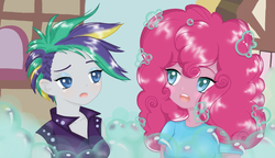 Size: 790x456 | Tagged: safe, artist:nevera573, pinkie pie, rarity, equestria girls, g4, it isn't the mane thing about you, alternate hairstyle, beautiful, bubble, clothes, duo, duo female, equestria girls interpretation, female, open mouth, poofy pie, punk, raised eyebrow, raripunk, scene interpretation, shampoo, short hair