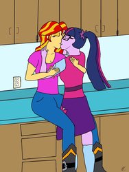 Size: 1024x1365 | Tagged: safe, artist:invaderody, sci-twi, sunset shimmer, twilight sparkle, human, fanfic:a ray of sunlight, equestria girls, g4, boots, clothes, fanfic, fanfic art, female, glasses, high heel boots, kissing, lesbian, ponytail, ship:sci-twishimmer, ship:sunsetsparkle, shipping, shoes, skirt