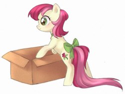 Size: 940x711 | Tagged: safe, artist:viki-niki, roseluck, earth pony, pony, g4, bow, box, collar, commissioner:doom9454, cute, female, mare, pony pet, rosepet, simple background, solo, tail bow, traditional art, white background