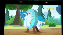 Size: 1280x720 | Tagged: safe, screencap, skeedaddle, pony, unicorn, g4, marks and recreation, season 7, butt, buttstuck, colt, discovery family, discovery family logo, foal, logo, male, plot, solo, stuck, underhoof