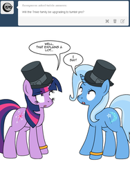 Size: 600x799 | Tagged: safe, artist:dekomaru, trixie, twilight sparkle, pony, unicorn, tumblr:ask twixie, g4, ask, female, hat, lesbian, ship:twixie, shipping, top hat, tumblr