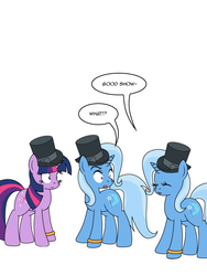 Size: 600x800 | Tagged: safe, artist:dekomaru, trixie, twilight sparkle, pony, unicorn, tumblr:ask twixie, g4, ask, female, hat, lesbian, self paradox, ship:twixie, shipping, top hat, tumblr