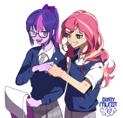 Size: 862x824 | Tagged: safe, artist:dusty-munji, sci-twi, sunset shimmer, twilight sparkle, equestria girls, g4, clipboard, clothes, glasses, grin, necktie, school uniform, shirt, simple background, smiling, vest