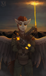 Size: 800x1304 | Tagged: safe, artist:margony, oc, oc only, pegasus, anthro, anthro oc, clothes, cloud, commission, gun, looking at you, no trigger discipline, singularity (game), sky, solo, spread wings, tower, weapon, wings