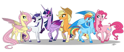Size: 2383x1000 | Tagged: safe, artist:probablyfakeblonde, applejack, fluttershy, pinkie pie, rainbow dash, rarity, twilight sparkle, alicorn, classical unicorn, earth pony, pegasus, pony, unicorn, g4, 2017, cloven hooves, colored hooves, colored wings, colored wingtips, concave belly, cowboy hat, diverse body types, female, freckles, gradient wings, group, hat, height difference, horn, leonine tail, line-up, long mane, mane six, mare, partially open wings, physique difference, raised hoof, simple background, size comparison, size difference, slender, stetson, thin, twilight sparkle (alicorn), two toned wings, unshorn fetlocks, white background, wings