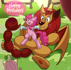 Size: 1092x1067 | Tagged: safe, artist:vavacung, fluttershy, manny roar, pinkie pie, earth pony, manticore, pegasus, pony, g4, happy birthday to you!, clothes, female, male, socks, striped socks