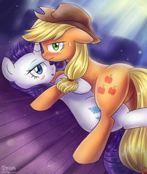 Size: 956x1135 | Tagged: safe, artist:tcn1205, applejack, rarity, earth pony, pony, unicorn, g4, annoyed, bedroom eyes, blushing, duo, duo female, female, lesbian, looking at you, mare, ship:rarijack, shipping, sweat, sweatdrop