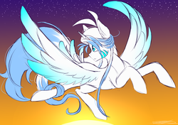 Size: 3496x2468 | Tagged: safe, artist:reyindee, oc, oc only, oc:ice, alicorn, pony, alicorn oc, colored wings, colored wingtips, flying, high res, male, male alicorn, solo, sunset