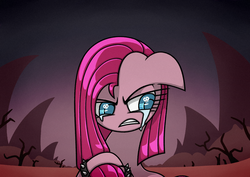 Size: 1754x1240 | Tagged: safe, artist:rambopvp, pinkie pie, earth pony, pony, g4, angry, crying, female, floppy ears, looking away, looking down, mare, no nose, pinkamena diane pie, sad, solo, spiked wristband, wasteland, wingding eyes, wristband