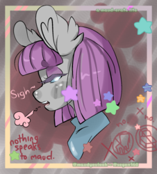 Size: 540x597 | Tagged: safe, artist:mauderatelife, maud pie, tumblr:a mauderate life, g4, abstract background, blushing, dialogue, female, lidded eyes, maudabetes, sigh, solo, stars