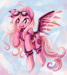 Size: 1667x1870 | Tagged: safe, artist:bells, earth pony, pony, artificial wings, augmented, crossover, danganronpa, danganronpa v3, female, flying, happy, mare, mechanical wing, miu iruma, open mouth, ponified, solo, windswept mane, wings