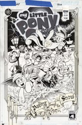 Size: 1800x2732 | Tagged: safe, artist:andypriceart, idw, applejack, fluttershy, pinkie pie, princess celestia, princess luna, rainbow dash, rarity, twilight sparkle, alicorn, pony, g4, spoiler:comic, spoiler:comicholiday2017, ashcan, black and white, blackletter, candle, cover, dashing through the snow, grayscale, hat, jingle bells, mane six, monochrome, pun, royal sisters, sketch, sleigh, snow, top hat, twilight sparkle (alicorn), wip