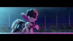 Size: 480x270 | Tagged: safe, screencap, songbird serenade, earth pony, pegasus, pony, unicorn, g4, my little pony: the movie, animated, background pony, background pony audience, canterlot, female, gif, male, mare, market, rainbow (song), singing, solo, stage, stallion, unnamed character, unnamed pony