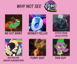 Size: 1200x1000 | Tagged: safe, capper dapperpaws, grubber, songbird serenade, spike, squabble, storm king, abyssinian, dragon, anthro, g4, my little pony: the movie, birb, chest fluff, meme, stitch, why not visit?