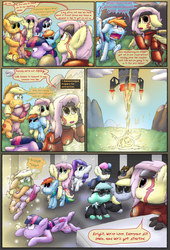 Size: 2160x3168 | Tagged: safe, artist:firefanatic, applejack, bon bon, derpy hooves, doctor whooves, fluttershy, lyra heartstrings, pinkie pie, rainbow dash, sweetie drops, time turner, twilight sparkle, alicorn, bat pony, pony, comic:agents of hoo-men, g4, :3, angry, armor, clothes, comic, dialogue, face paint, feather, fluffy, flutterbat, high res, hug, magic, nausea, pinkamena diane pie, race swap, sound effects, spaceship, sunglasses, table, tuxedo, twilight sparkle (alicorn), what is hoo-man