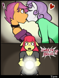 Size: 1536x2048 | Tagged: safe, artist:tipsie, apple bloom, scootaloo, sweetie belle, earth pony, anthro, comic:the revenge of the cute, g4, breasts, comic, cutie mark crusaders, female, lesbian, making out, ship:scootabelle, shipping