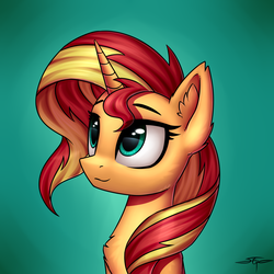 Size: 3000x3000 | Tagged: safe, artist:setharu, sunset shimmer, pony, unicorn, g4, bust, chest fluff, commission, cute, ear fluff, eyebrows, female, gradient background, high res, looking up, mare, shimmerbetes, signature, smiling, solo