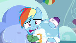 Size: 300x168 | Tagged: safe, screencap, rainbow dash, tank, g4, tanks for the memories, bathrobe, clothes, crying, faic, hug, rainbow dash is best facemaker, robe