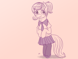 Size: 1700x1275 | Tagged: safe, artist:j24262756, fluttershy, pony, g4, alternate hairstyle, clothes, cute, female, mare, monochrome, school uniform, shyabetes, simple background, sketch, smiling, solo