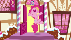 Size: 1280x720 | Tagged: safe, screencap, pinkie pie, earth pony, pony, g4, not asking for trouble, arms in the air, female, happy, jumping, mare, open mouth, smiling, solo, sugarcube corner