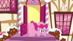 Size: 1280x720 | Tagged: safe, screencap, pinkie pie, earth pony, pony, g4, not asking for trouble, season 7, faic, female, gotta go fast, happy, mare, open mouth, pinkie being pinkie, pinkie physics, smiling, solo, sugarcube corner, wheel o feet