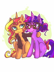 Size: 768x1024 | Tagged: safe, artist:jackytheripperart, sci-twi, sunset shimmer, twilight sparkle, pony, unicorn, equestria girls, g4, bow, clothes, cute, equestria girls ponified, female, glasses, heart eyes, jacket, lesbian, looking at each other, mare, ponified, ship:sci-twishimmer, ship:sunsetsparkle, shipping, tail bow, unicorn sci-twi, wingding eyes