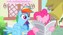 Size: 1920x1080 | Tagged: safe, screencap, pinkie pie, rainbow dash, pegasus, pony, daring done?, g4, 1080p, faic, female, mare, newspaper, open mouth, rainbow dash is best facemaker, shocked, spread wings, wings