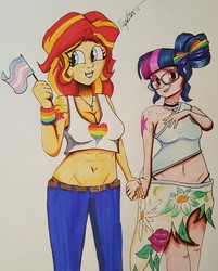 Size: 2393x2982 | Tagged: safe, artist:missmayaleanne, sci-twi, sunset shimmer, twilight sparkle, equestria girls, g4, abs, alternate clothes, belly button, breasts, busty sunset shimmer, choker, female, gay pride, gay pride flag, high res, holding hands, lesbian, looking at you, pride, ship:sci-twishimmer, ship:sunsetsparkle, shipping, transgender pride flag