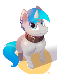 Size: 3003x3940 | Tagged: safe, artist:b-epon, oc, oc only, oc:spiral light, pony, unicorn, begging, collar, doggo, ear piercing, earring, high res, jewelry, looking at you, looking up, looking up at you, male, perspective, piercing, solo