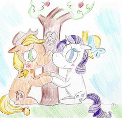 Size: 924x897 | Tagged: safe, artist:ptitemouette, applejack, rarity, g4, apple tree, female, lesbian, ship:rarijack, shipping, tree