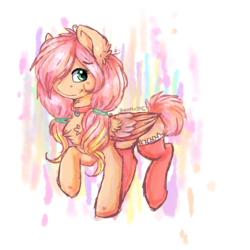 Size: 1000x1000 | Tagged: safe, artist:bizonekx33, oc, oc only, oc:peachy love, pegasus, pony, clothes, collar, cute, female, hair over one eye, mare, ocbetes, raised hoof, smiling, solo, stockings, thigh highs