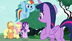 Size: 1280x720 | Tagged: safe, screencap, applejack, fluttershy, rainbow dash, starlight glimmer, twilight sparkle, alicorn, pony, g4, it isn't the mane thing about you, twilight sparkle (alicorn)