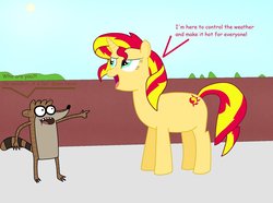 Size: 1024x761 | Tagged: safe, artist:04startycornonline88, sunset shimmer, pony, raccoon, unicorn, g4, 1000 hours in ms paint, crossover, male, ms paint, regular show, rigby (regular show), wat