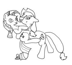 Size: 1197x1074 | Tagged: safe, artist:wissle, applejack, rarity, earth pony, pony, unicorn, g4, 1000 hours in ms paint, female, hug, lesbian, mare, monochrome, ms paint, ship:rarijack, shipping, simple background, sketch, tongue out, wat, white background