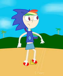 Size: 848x1034 | Tagged: safe, artist:04startycornonline88, rainbow dash, human, g4, 1000 hours in ms paint, :^(, clothes, cosplay, costume, crossover, female, humanized, male, ms paint, skirt, solo, sonic the hedgehog, sonic the hedgehog (series), starting line, track