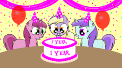 Size: 4411x2481 | Tagged: safe, artist:dinkyuniverse, dinky hooves, liza doolots, petunia, ruby pinch, tootsie flute, g4, anniversary, balloon, cake, celebration, chest fluff, confetti, cute, female, filly, food, party, streamers, table