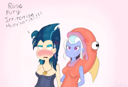 Size: 3208x2181 | Tagged: safe, artist:mildockart, indigo zap, sugarcoat, equestria girls, g4, clothes, cosplay, costume, cross-popping veins, dying for pie, high res, salmon suit, spongebob squarepants, the little mermaid, ursula