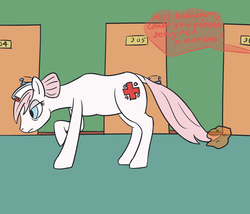 Size: 2100x1800 | Tagged: safe, artist:ononim, nurse redheart, earth pony, pony, g4, 30 minute art challenge, bags under eyes, belly, female, hat, magic, mare, offscreen character, raised leg, solo, speech bubble, tail, tail pull, tired