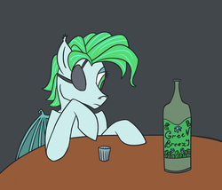 Size: 2100x1800 | Tagged: safe, artist:ononim, oc, oc only, oc:icy mint, bat pony, pony, absinthe, alcohol, atg 2017, bat wings, bottle, dark background, eyepatch, female, flat colors, glass, mare, newbie artist training grounds, simple background, solo, table, wings