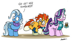Size: 2420x1406 | Tagged: safe, artist:bobthedalek, starlight glimmer, sunburst, trixie, pony, unicorn, g4, blushing, clothes, convenient trixie, dialogue, embarrassed, female, implied starburst, inconvenient trixie, magic, male, mare, scarf, ship:starburst, shipper on deck, shipping, simple background, slap, spanking, stallion, straight, telekinesis, the great and powerful shipper, trio, white background