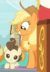 Size: 295x421 | Tagged: safe, edit, edited screencap, screencap, applejack, pound cake, pumpkin cake, earth pony, pegasus, pony, g4, it isn't the mane thing about you, animated, colt, cropped, curly hair, cute, female, funny background event, gif, grin, jackabetes, loop, male, mare, offscreen character, poundabetes, silly, silly pony, smiling, who's a silly pony