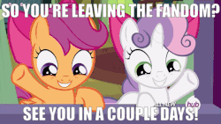 Size: 576x324 | Tagged: safe, scootaloo, sweetie belle, g4, animated, brony, gif, image macro, leaving the fandom, meme, obsession, the ride never ends, waving