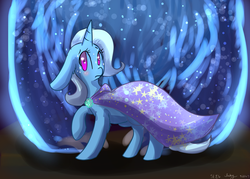 Size: 4900x3500 | Tagged: safe, artist:inkwellartz, trixie, pony, unicorn, g4, cape, clothes, female, floppy ears, looking at you, raised hoof, solo, standing, trixie's cape, turned head