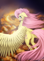 Size: 1904x2603 | Tagged: safe, artist:vinicius040598, fluttershy, pegasus, pony, g4, blushing, butt, cloud, cute, featureless crotch, female, floppy ears, flying, mare, plot, shyabetes, solo