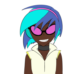 Size: 1379x1403 | Tagged: safe, artist:icicle-niceicle-1517, artist:vnagato, dj pon-3, vinyl scratch, human, g4, choker, collaboration, dark skin, female, grin, headphones, humanized, simple background, sleeveless, smiling, solo, transparent background