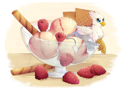 Size: 2480x1771 | Tagged: safe, artist:kotezio, oc, oc only, oc:der, griffon, food, ice cream, male, micro, pirouette cookie, raspberry (food), solo
