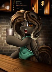 Size: 2550x3509 | Tagged: safe, artist:pridark, oc, oc only, pegasus, pony, cafe, clothes, coffee, commission, cup, female, high res, hoof hold, mare, one eye closed, open mouth, signature, solo, wink