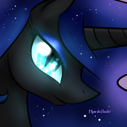 Size: 750x750 | Tagged: safe, artist:cosmalumi, nightmare moon, alicorn, pony, g4, dialogue, glowing eyes, slit pupils, solo