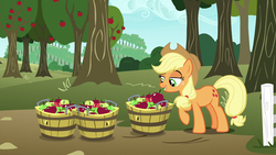 Size: 1280x720 | Tagged: safe, screencap, applejack, pony, g4, not asking for trouble, apple, apple tree, female, food, mare, solo, sweet apple acres, tree